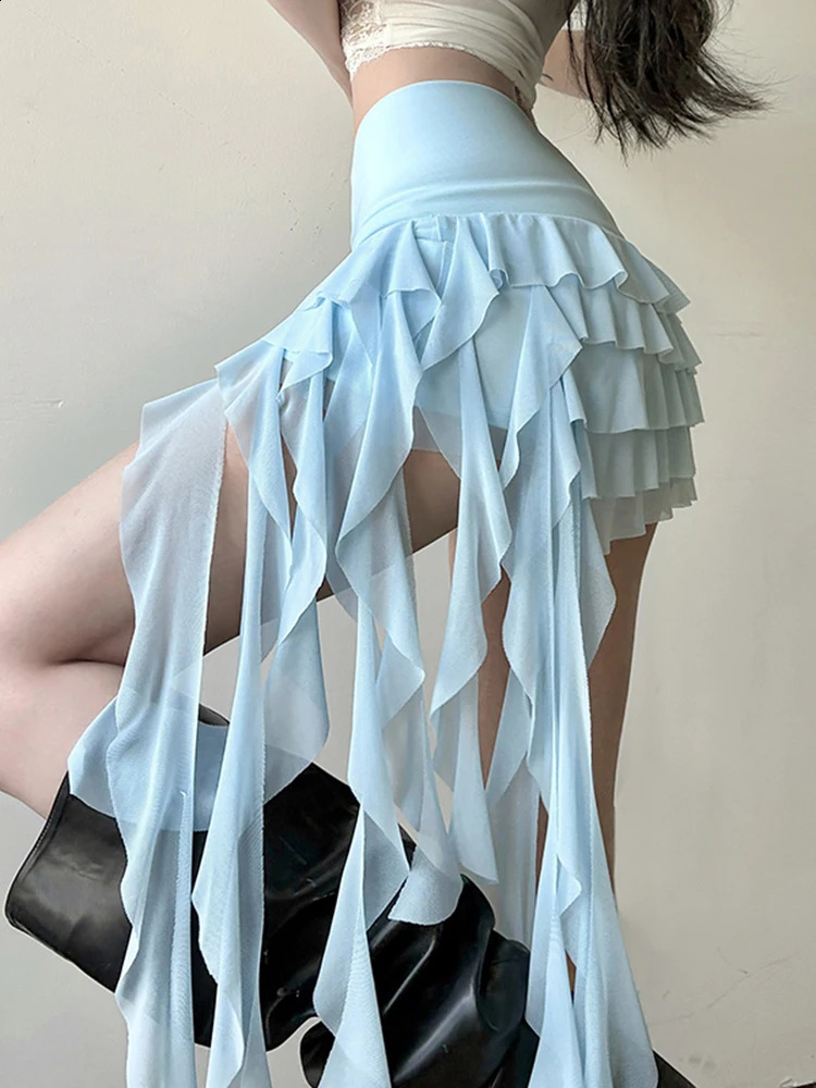 Zoki Ruffles Sexy Mesh Y2K Skirts Women Slim Streetwear Vintage High Waist Mini Skirt Harajuku Retro Irregular Skirt 250910 - view 7