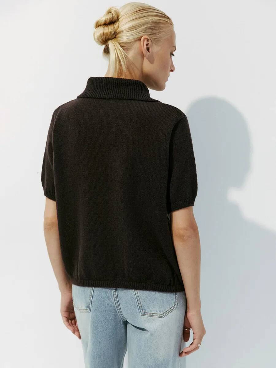 Wolfeel Summer New Polo Collar Hollow Short Sleeved Women's Bubble Sleeve T-shirt Female Simple Knitted Sweater dongdumaoyi