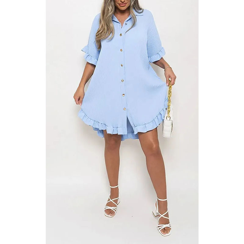 2025 summer new solid color shirt design dress with ruffled sleeves, designer women's irregular dress