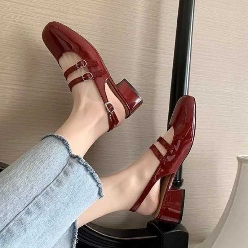 2025 Burgundy Mary Janes SquareToe DoubleBuckle Patent Leather Chunky Heel Shoes with Jean Styling W250910