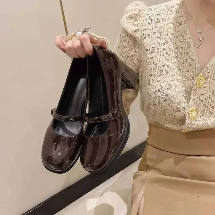 Comemore Summer New Patent Leather Brown Shoes Vintage Thick High Heels Shoes Women Woman Square Toe Chunky Heels 2025 black W250910