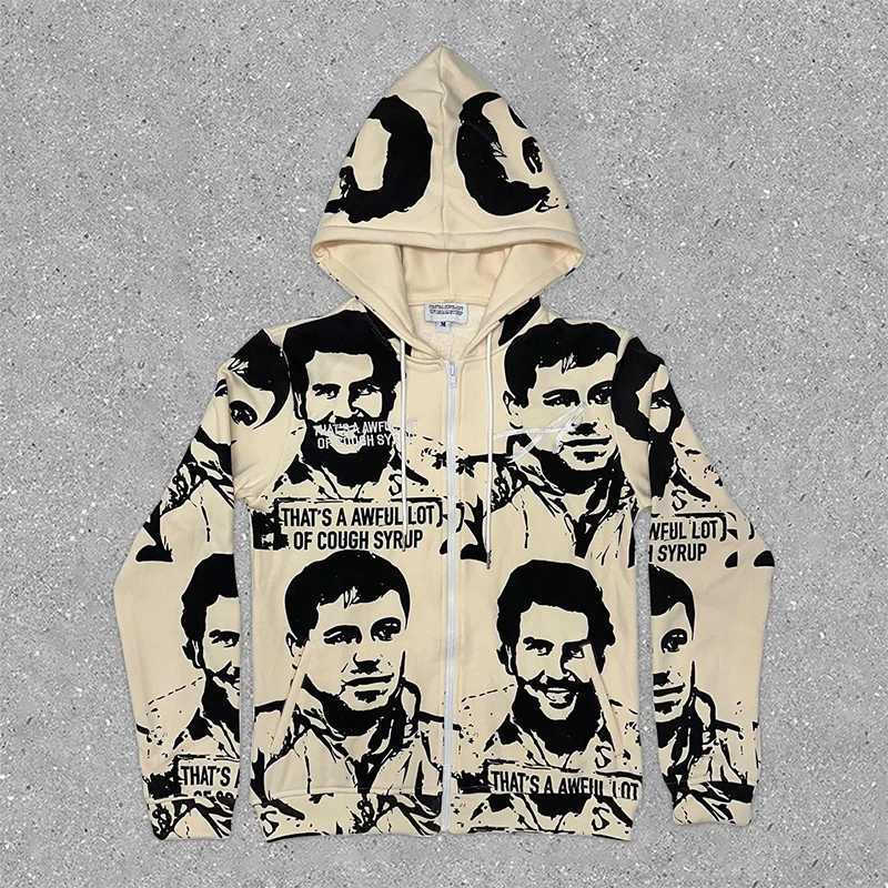 Goth Graphic Portrait Print Y2K Zip Up Hoodies Men Hip Hop Fashion Hoody Autumn Strtwear Oversized Sweatshirts ropa hombre X250910