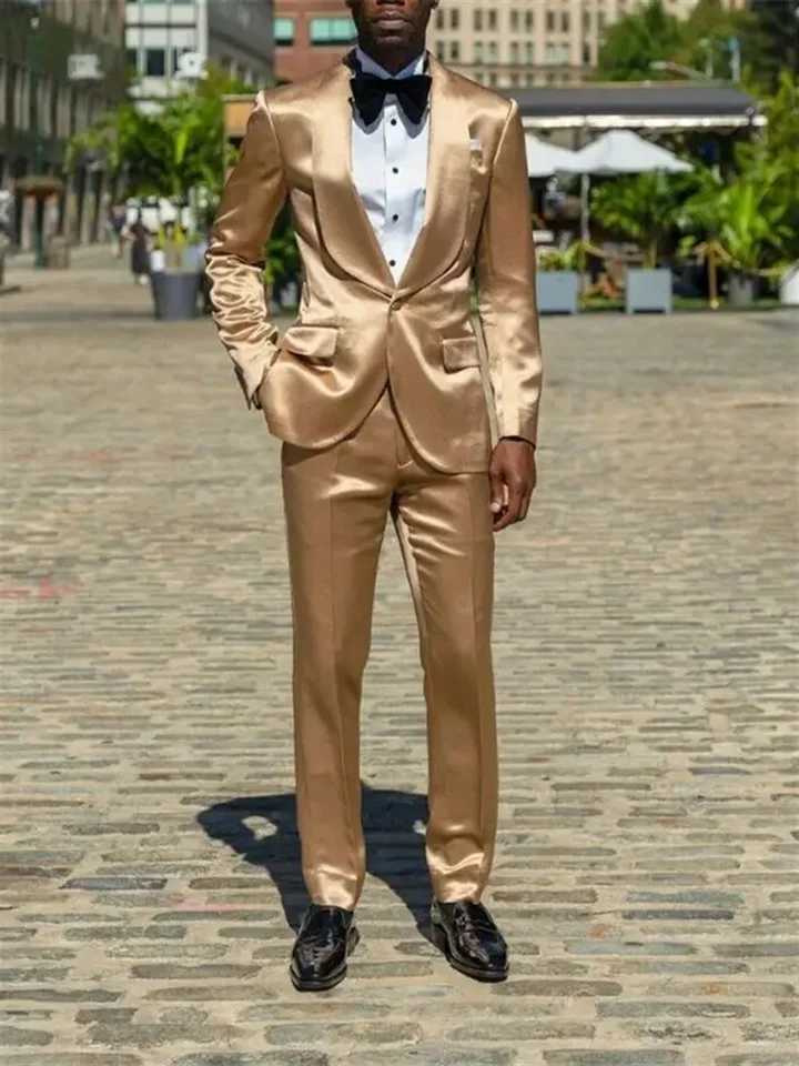2 Pieces Gold Silk Satin Men Suits Blazer Pants Groom Prom Party Wedding TuxedosCodtume Homme Mariage W250910