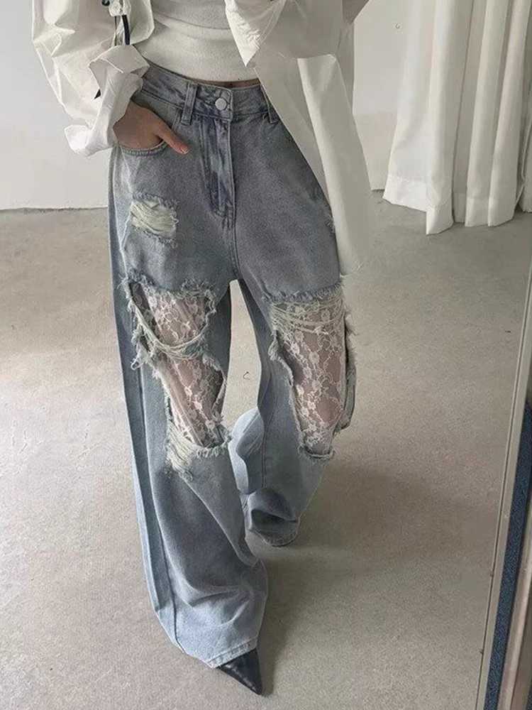 2025 Womens Y2K American Style High Waist Lace Spliced Denim Pants Loose Wide Leg Trousers Fashion Hottie Hole Patchwork Jeans Z250910