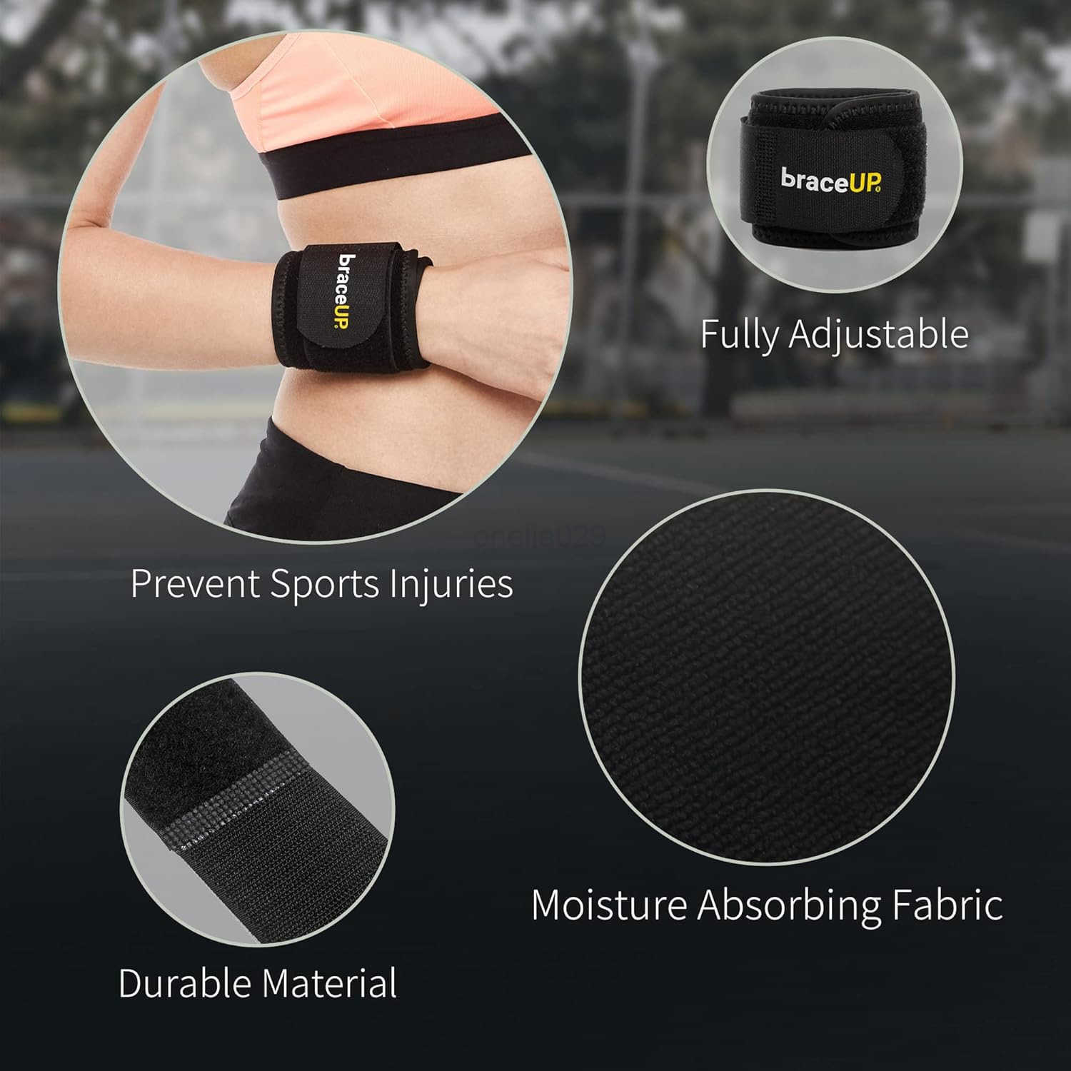 Wrist Compression Strap and Wrist Wrap Wrist Band Brace for Tendonitis Tennis Gym Workout One Size Adjustable Black 1 PC W250910