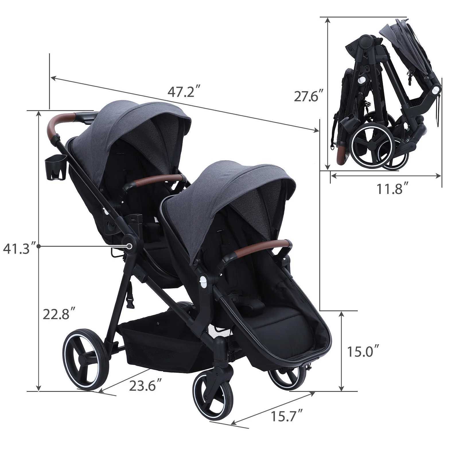 Double Track Tandem Stroller Foldable Bassinet Pram for Infant and Toddler Reversible Pushchair Adjustable Backrest Canopy W250910