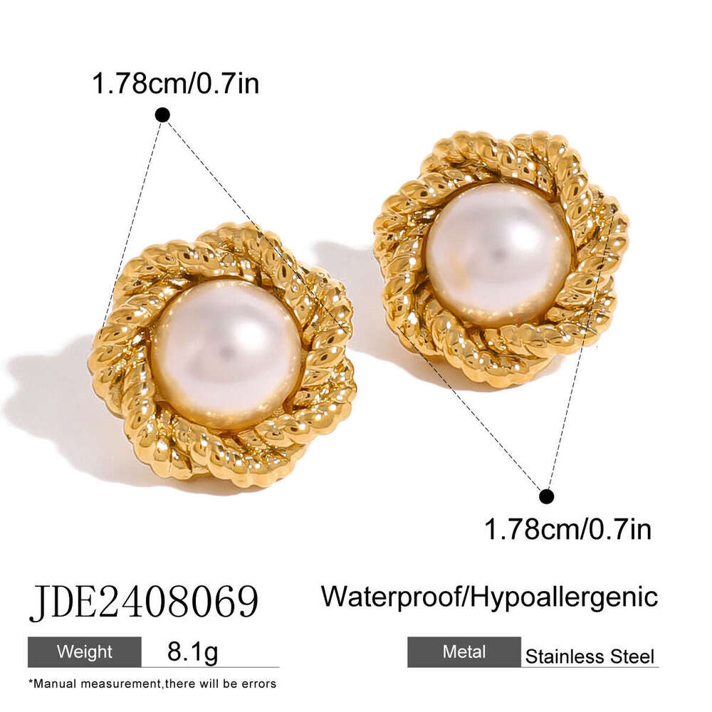 Jieding Stainless Steel Gold-Plated Flower Braided Texture Pearl Design Sense High-End Versatile Earrings