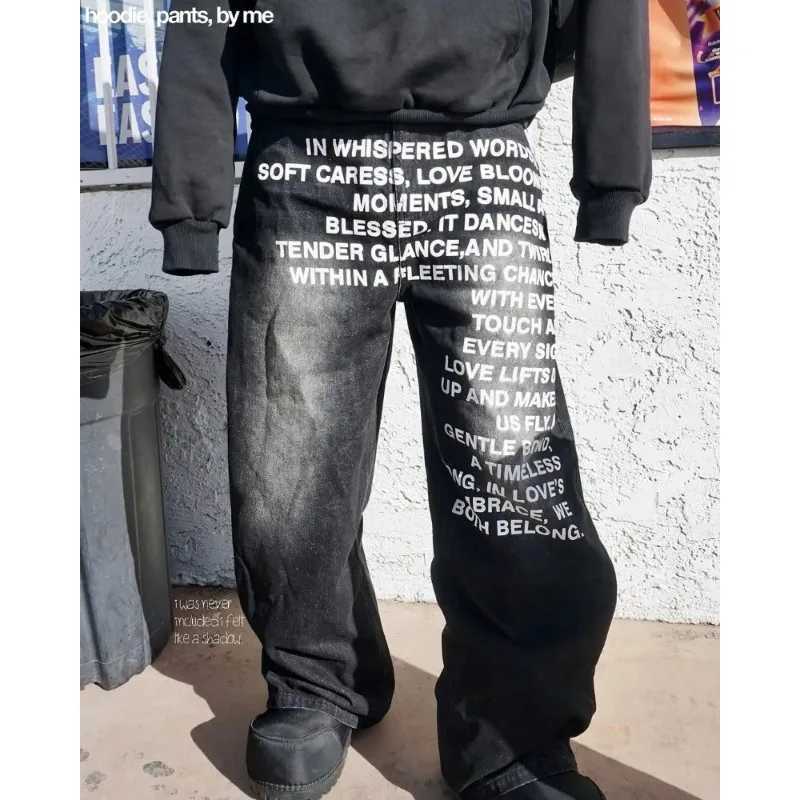 Deeptown Vintage Letter Print Women Man Jeans Y2k Harajuku Washed Wide Leg American Style Denim Pants Baggy Hip Hop Streetwear Z250910