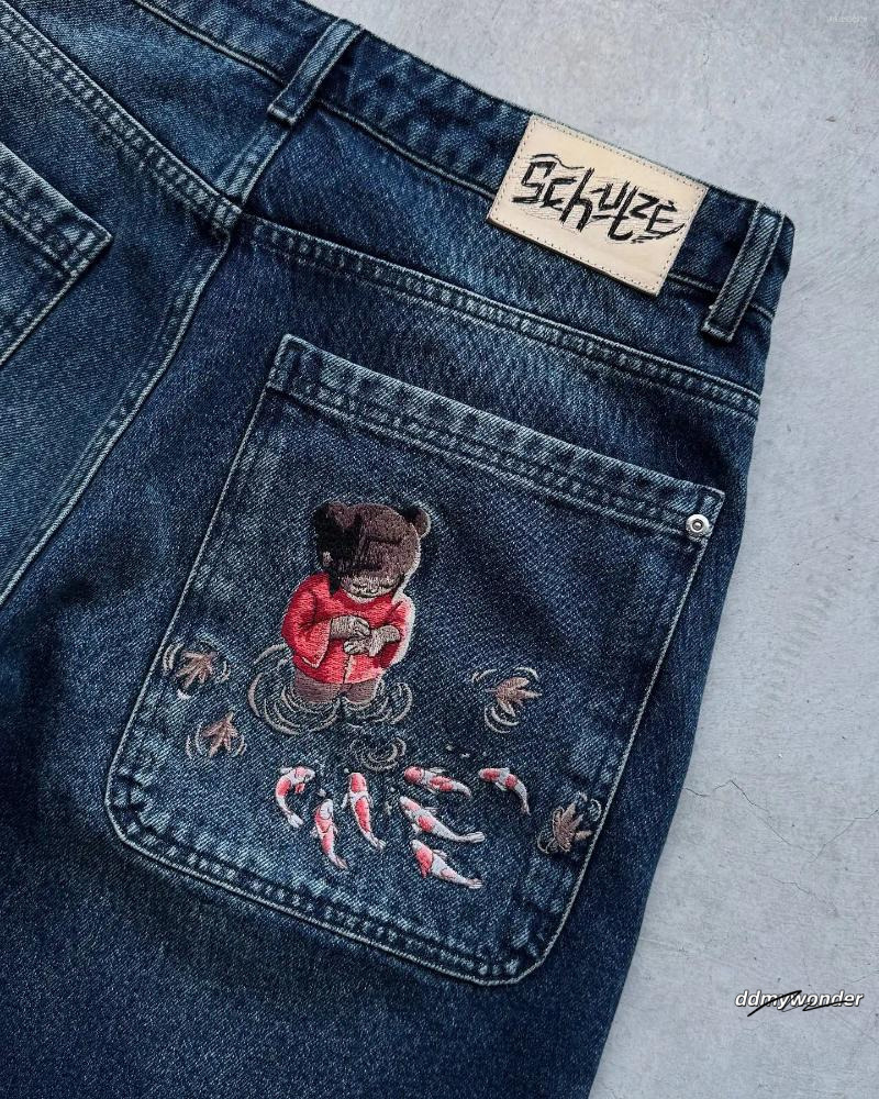 Men's Shorts Fashion Cherry Blossom Pocket Embroidery Jeans Men Women Retro Baggy Black Denim Short Jorts Hip Hop Streetwear Pants