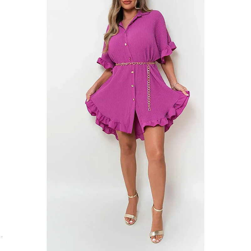 2025 summer new solid color shirt design dress with ruffled sleeves, designer women's irregular dress
