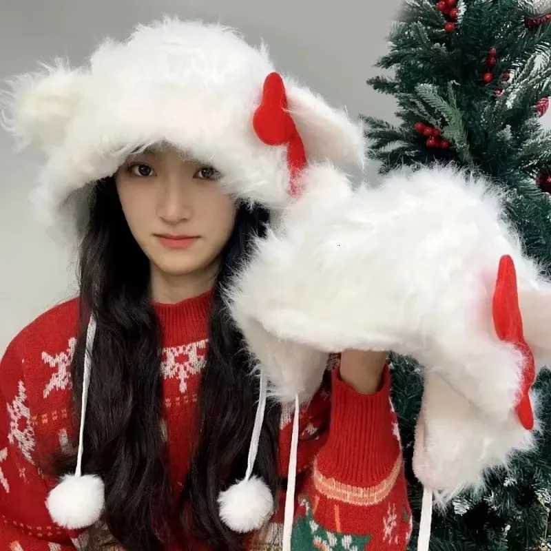 Korean Sweet Bow Plush C for Women Winter Girls Keep Warm Windproof Cat Ear Protection Hats Cute Pompom Beanie with Lace BowXJ250910