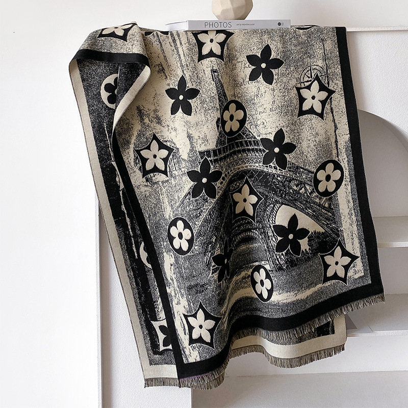 New Five-Pointed Star Imitation Cashmere Scarf for Women, Fashionable Paris Eiffel Tower, Autumn and Winter Warm Long Shawl, Thickened