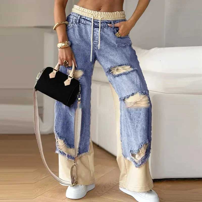Casual Patchwork Jeans Women Loose Drawstring Low Waist Pockets Zipper Straight Leg Pants 2025 Spring Summer Street Lady Trouser Z250910