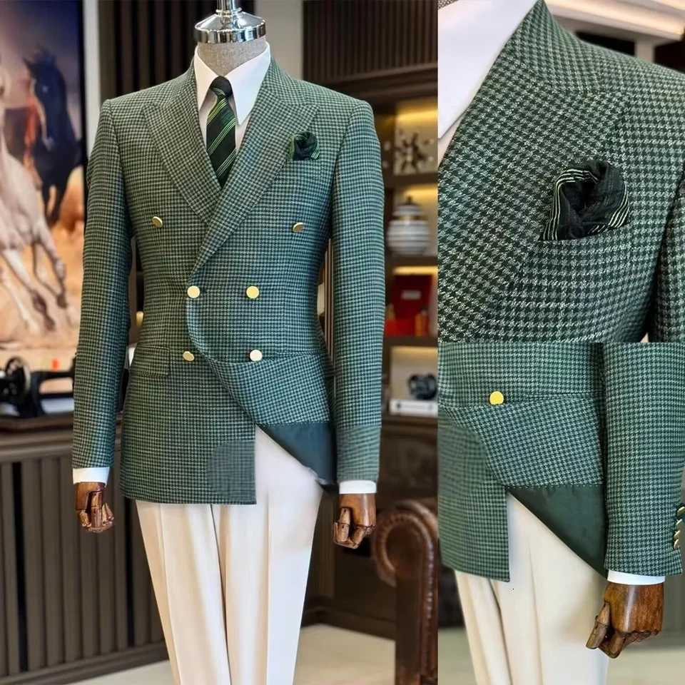 Mens Suit Houndstooth Customized Wide Lapel Double Breasted Slim Fit Jacket Business Groom Tuxedos Male Prom Fashion Blazer W250910