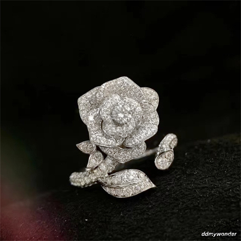 2023 Top Sell Wedding Rings Jewelry Sterling Sier Pave White 5A Cubic Zircon CZ Dia Gemstones Party Women Rose Flower Open Adjustable Ring Gift