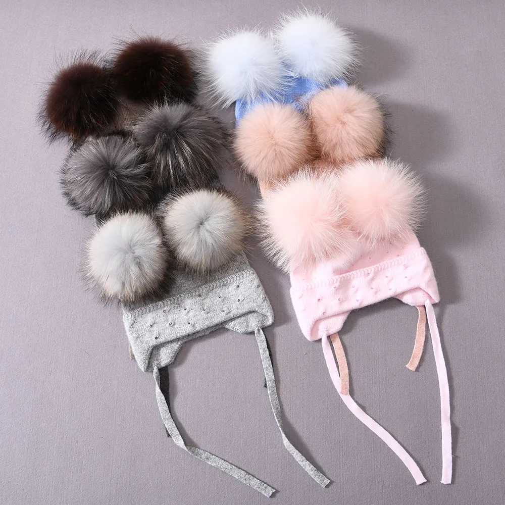 Jxer Baby Wool Hat Winter Cute Double Real Fur Pom Earfl Beanie Fluffy Warm Childrens Wool Hats with RhinestoneXJ250910