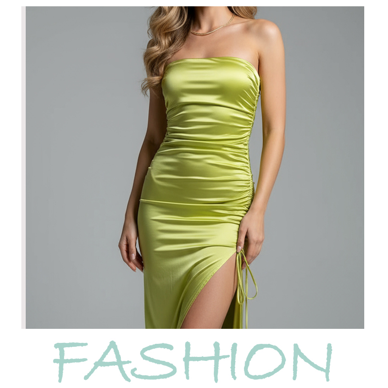 Urban Sexy Dresses Women's Lime Green Satin Spaghetti Strap Maxi Dress with Side Ruched & Slit, Elegant Party Cocktail Dress