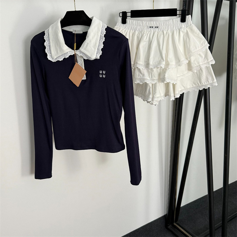 Designer Letter Embroidered Polo Tops Mini Skirts Outfit Women Cropped Lapel T Shirt Lace Patchwork Cake Skirt Set Summer Street Style Tees Skirts Suits