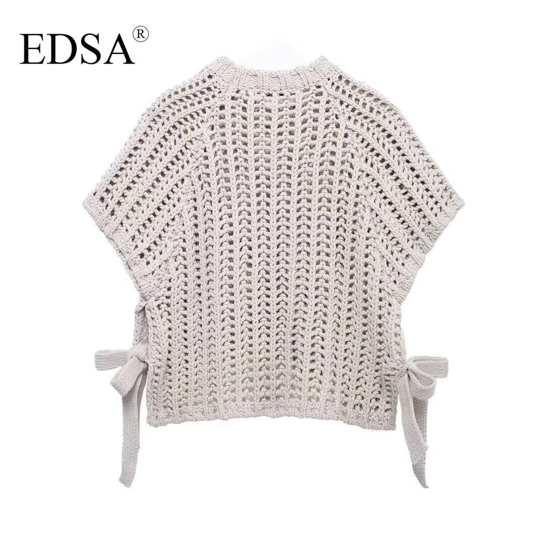 EDSA Women Chunky Knit Top with Side Straps O-Neck Short Sleeves Hollow Out Cropped Sweater Pullover for Casual Female dongdumaoyi