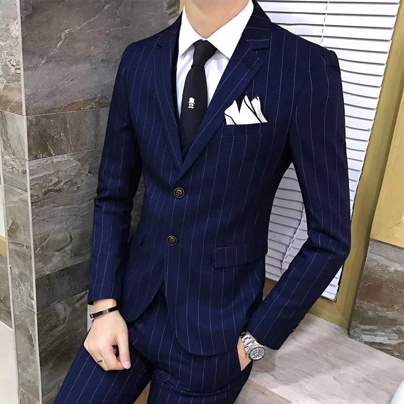 Gray Men Classic StripedChecked Suits Business Office 3 Piece Asian Size Slim Fit Men Dress Jacket Pants with Vest S4XL W250910