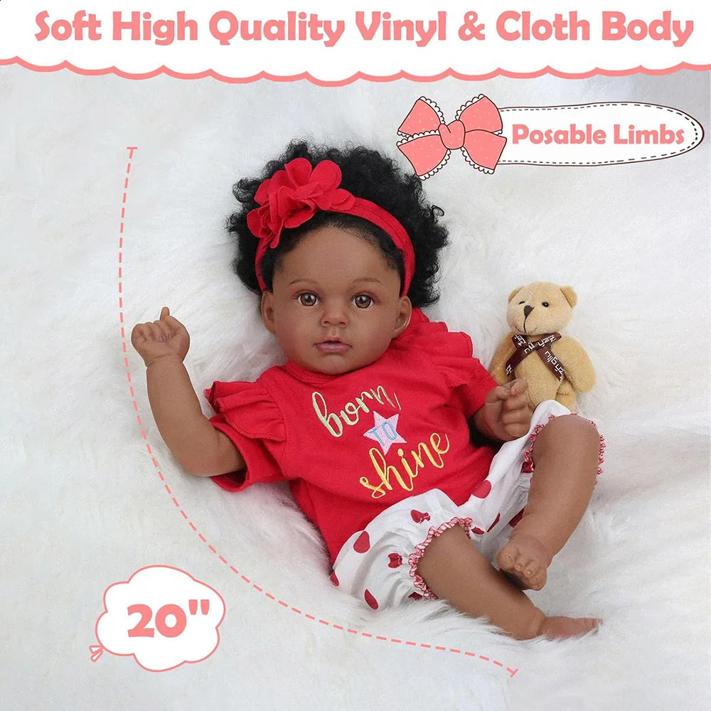 50cm Baby Doll Like Real Reborn Black Girl Realistic Painted Babies Silicone Vinyl African American Soft Cloth Body Rooted Hair 250909