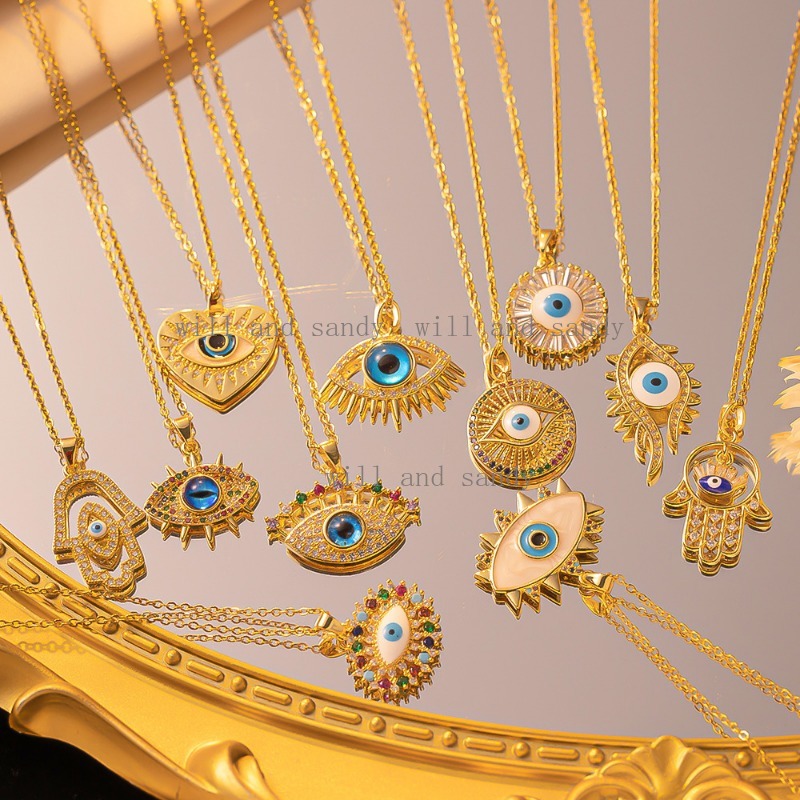 Non Tarnish Gold Evil Eye Necklace Charm 18K Gold Plated Stainless Steel Designer Necklaces Cubic Zirconia Hamsa Hand of Fatima Necklace for Woman Fin