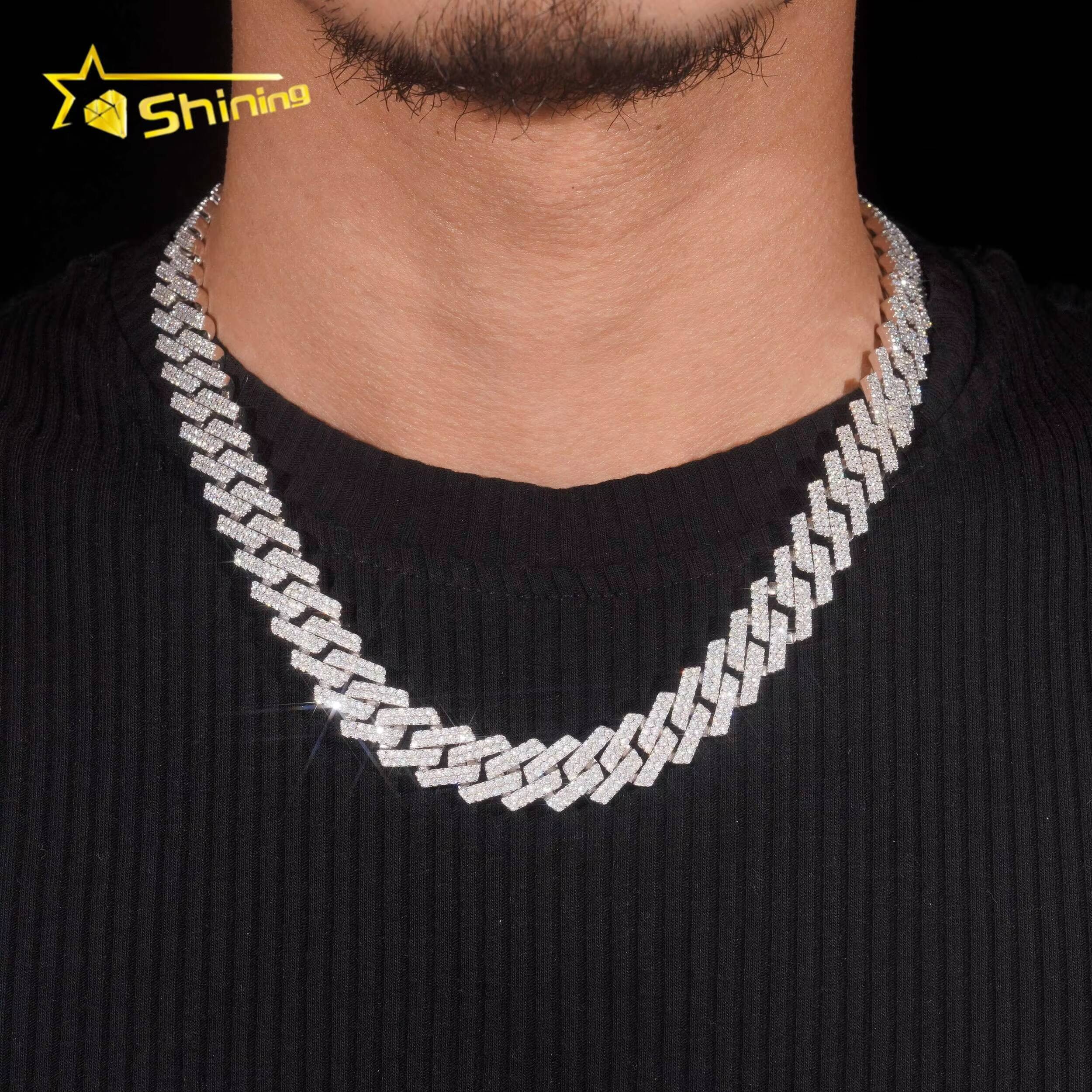 Pass Diamond Tester Two Row 14mm Width Iced Out Hip Hop 925 Sterling Silver Moissanite Cuban Link Chain