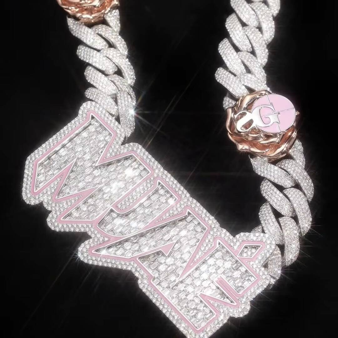 10K Solid White Gold VVS1 Lab Grown Diamond Jewelry Luxury Design Pink Enamel Baguette Diamond Name Cuban Chain Necklace