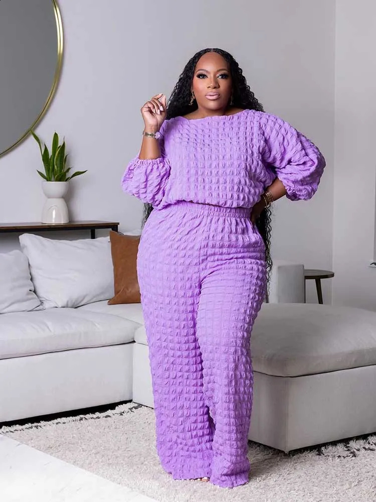 Curvy Plus Size Woman Clothing Fall Winter Long Sleeve 2 Piece Outfit Set Bubble Waffle Pleated Top and Pants Sets Elegant Suit 250910