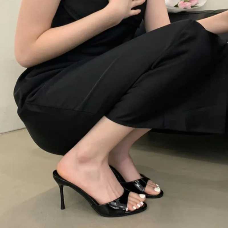 Wine Red Patent Leather Women Slippers Sandals Fashion Round Open Toe Thin High Heels Mules Slides Summer Party Dress Shoe W250910