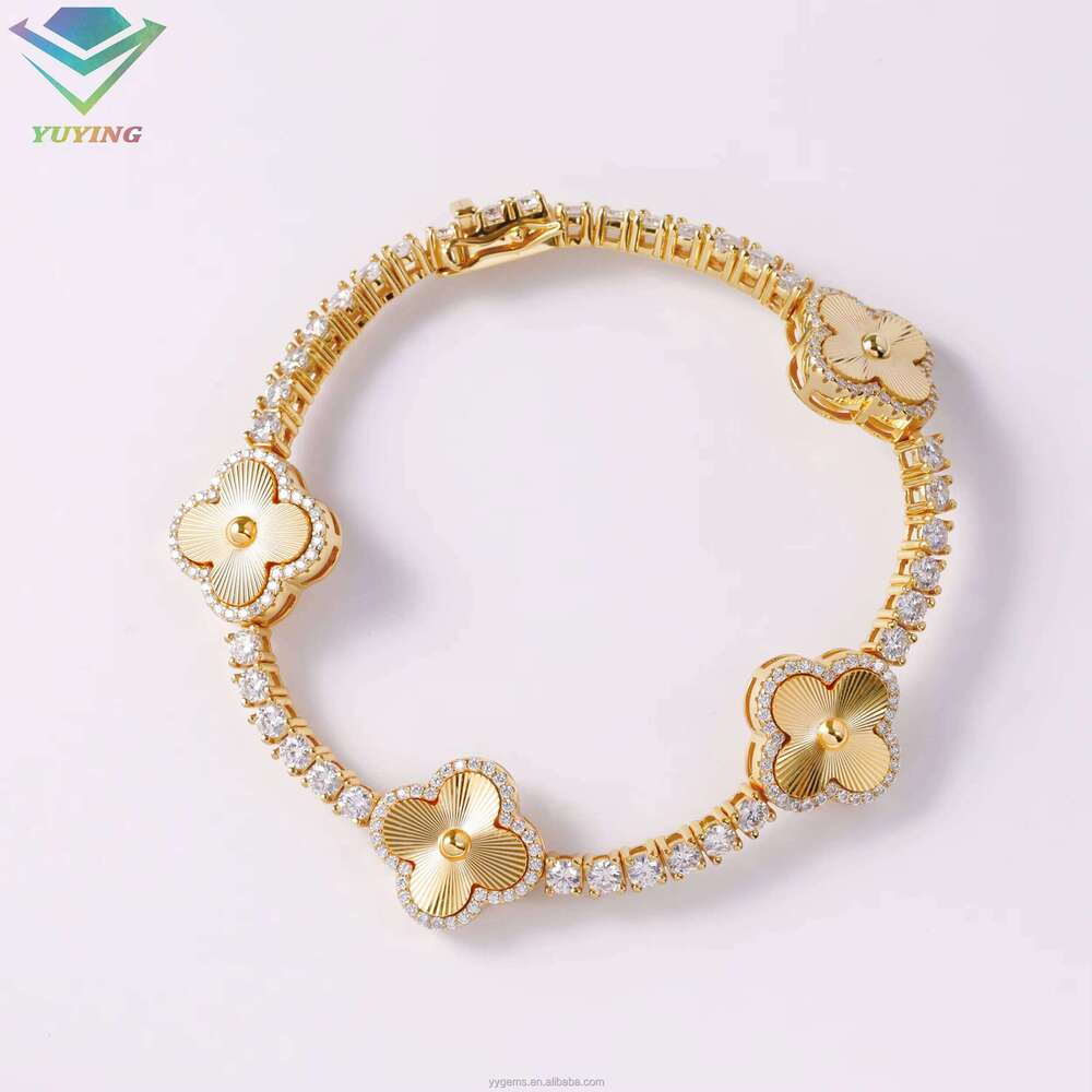 Fashion Four Leaf Gold Plated S Sier 3mm 4mm Mossanite Laser Engraving Clover Tennis Chain Jewelry Bracelet