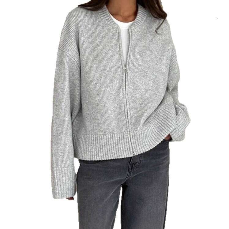 Autumn And Winter Casual Versatile Solid Color Zipper Knitted Sweater Cardigan For Women B3