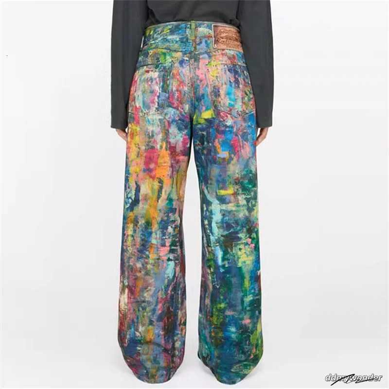 Womens Jeans 2025 Spring Painted Graffiti Pants Couple Style Loose Straight Leg Pure Cotton Wide 250107