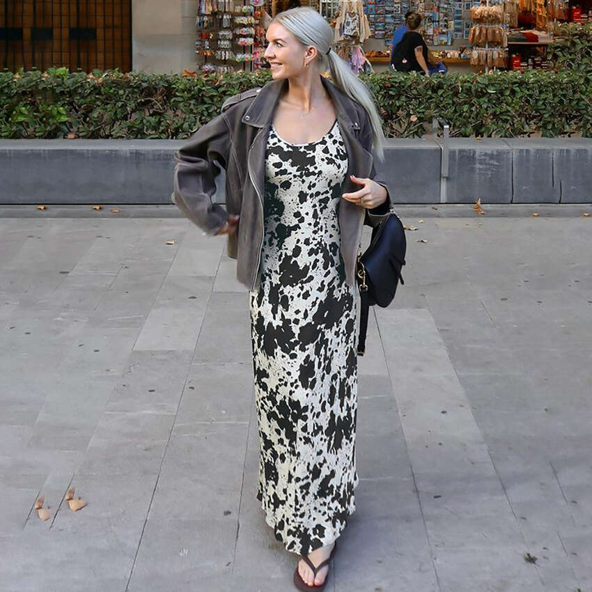 French Style Sexy Spaghetti Strap Printed Autumn Winter New High Waist A-Line Dress For Women B3