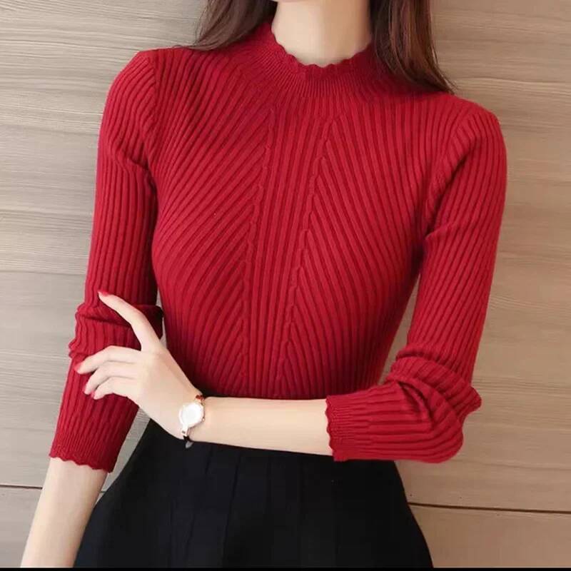 Mock Neck Ruffles Long Sleeve Knitted Bottoming Solid Pullovers Women Casual Stripe Sweater Autumn Winter 2023 dongdumaoyi
