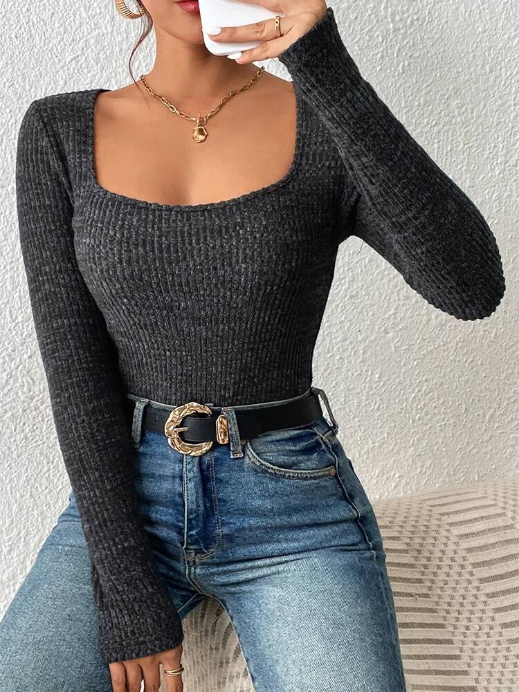 Square neck women's knitwear Vintage basic solid knit top Casual slim-fit Korean sweater Simple chic jumper dongdumaoyi