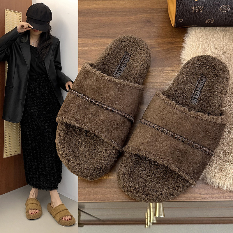 Autumn designer women's shoes thick soled slip on fur women's slippers for outdoor wear new slip on lazy shoes women's flat shoes