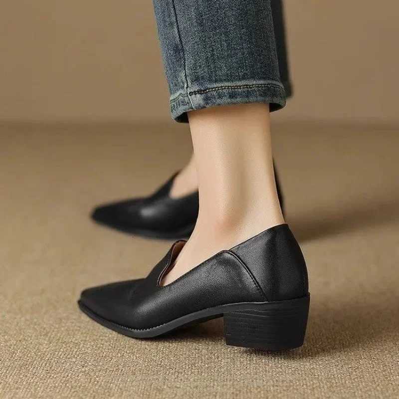 2024 New Spring Women Shoes Pumps Pointed Toe Chunky Heel Comfortable Allmatch Casual Ladies Shoes Genuine Leather Retro Heels W250910