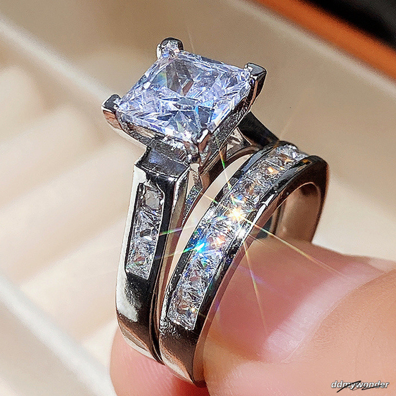 Handmade Sparkling Wedding Rings Jewelry Sterling Sier Princess Cut White Topaz CZ Dia Gemstones Party Eternity Women Bridal Ring Set Gift