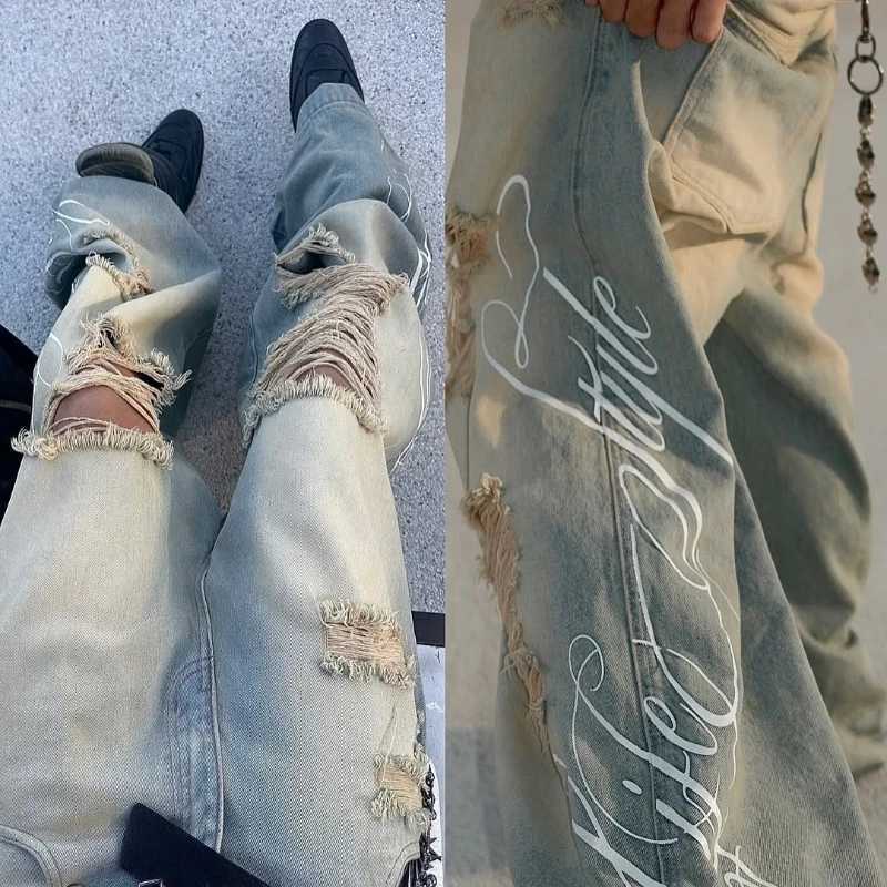 Y2K New Womens Loose Wash Old Ripped Jeans American Retro Streetwear Print Pattern Wideleg Jeans Hiphop Gothic Jeans Unisex Z250910