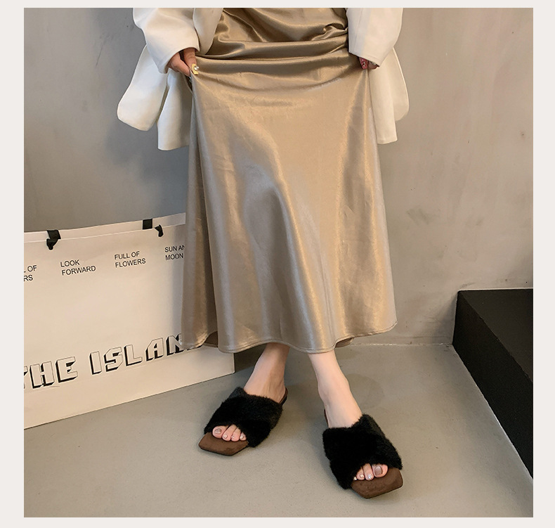French square toe cross strap women's fur slippers for autumn and winter designer shoes for outdoor wear large cotton slippers for lazy people wo