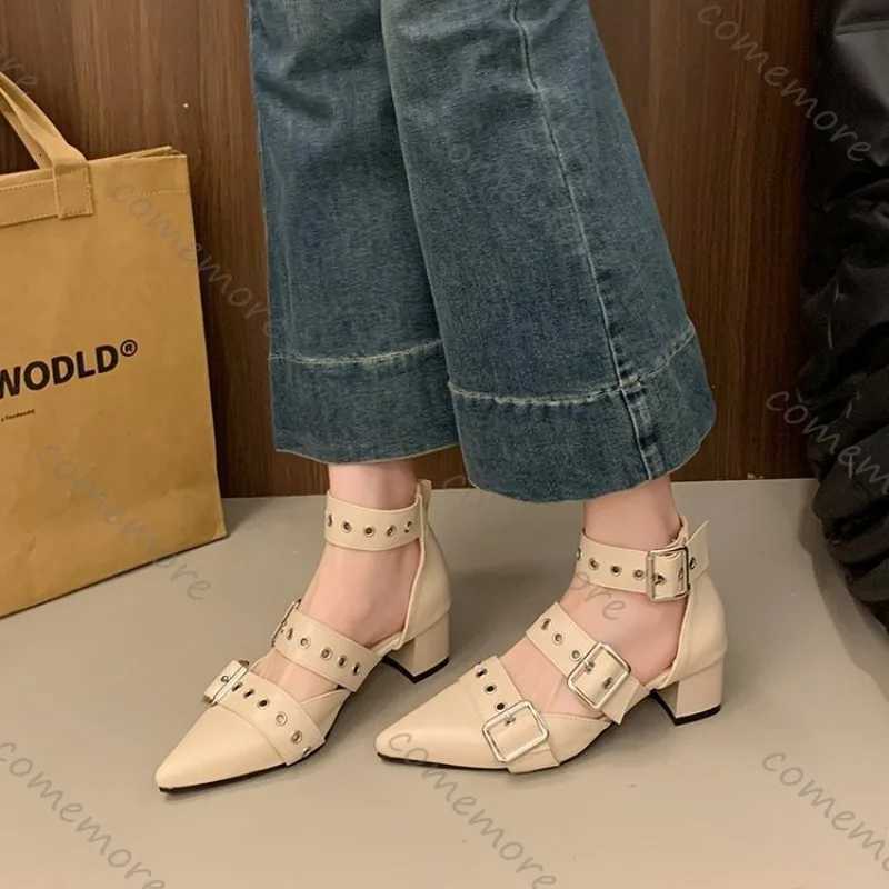 Comemore Retro Belt Buckle Pointed Pumps Chunky High Heeled Riveted Shoes Hollowed Out Solid Womens Baotou Thick Heel Sandals W250910