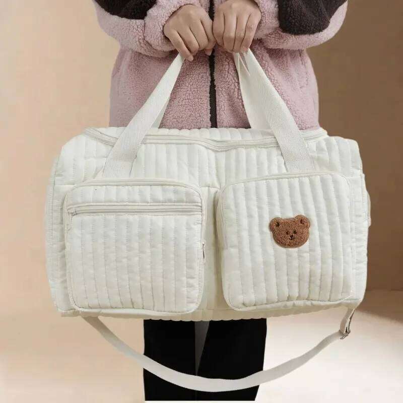 Cute Bear Flower Embroidery Pattern Mommy Baby Beige Cotton Fabric Zipper Diaper Handbag New Lage Bag