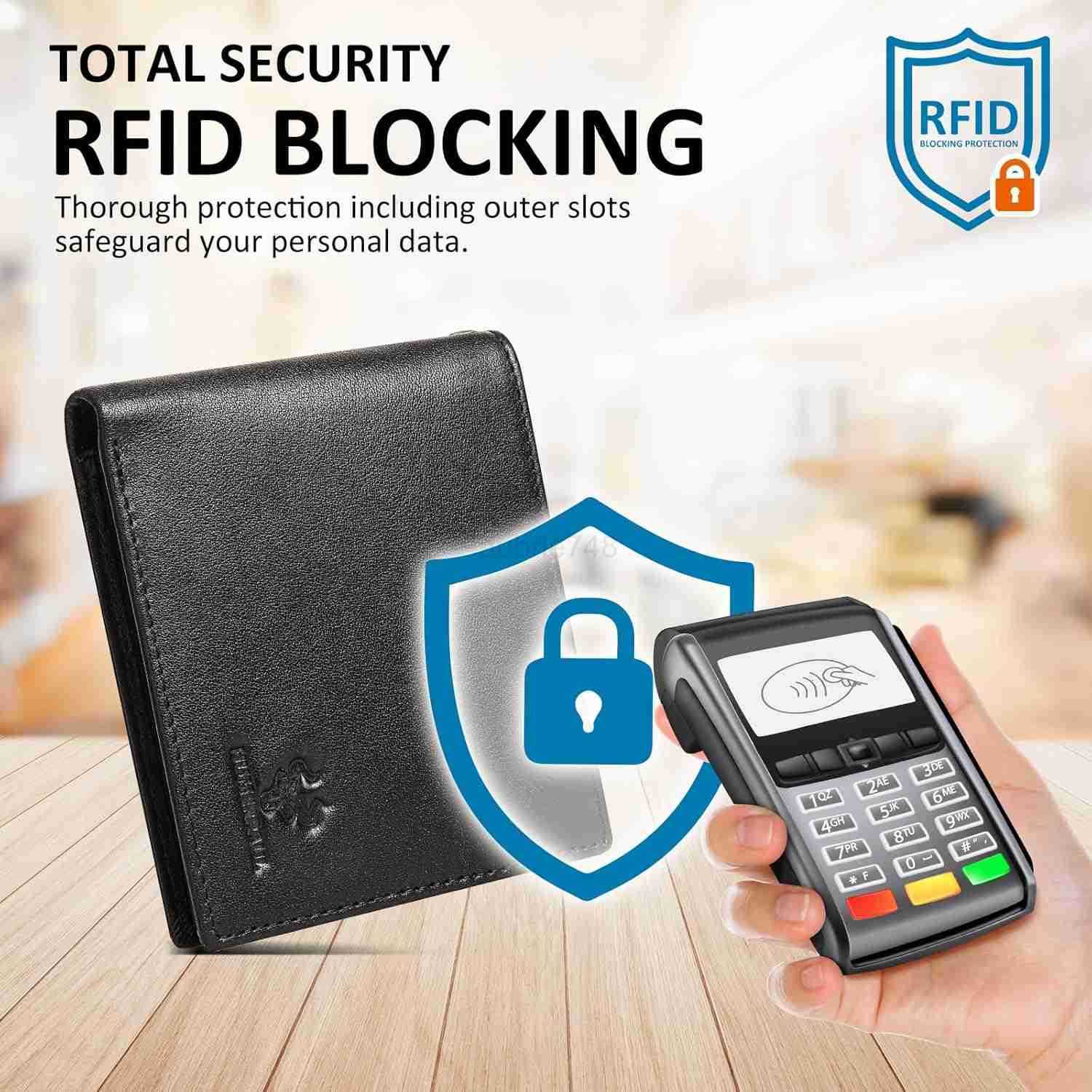 Mens Wallet with Chain RFID Blocking Genuine Leather Bifold Wallet Minimalist With 2 ID Window BlackZ250910