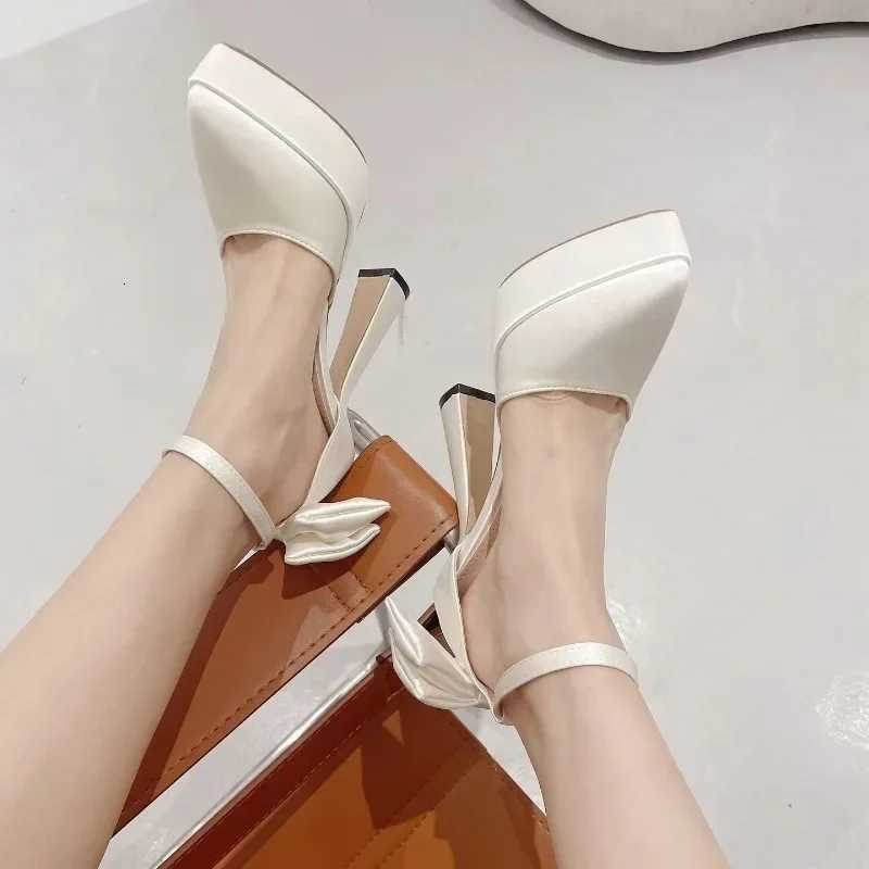 High Heels Women 2024 Summer New Fashion Satin Face Pointed Toe High Heel Sandals Bow One Word Buckle Thick Heel Womens Shoes W250910