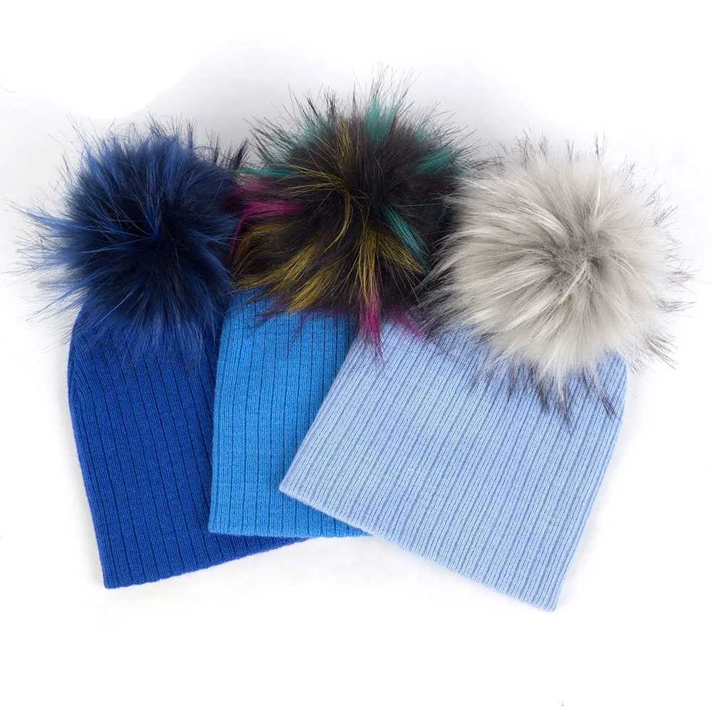 Geebro Fashion child baby Solid Color Ribbed Beanies hats With Faux fur pompom New Girls Boys Kids Soft Cute skully hatsXJ250910