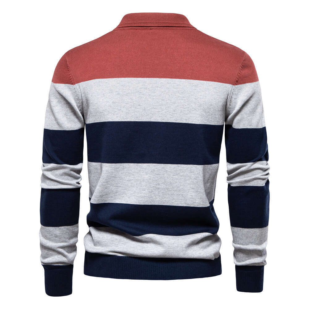 2024 Autumn New Long Sleeve Polo Collar Slim Fit Lapel Striped Patchwork Men's European Size Knitted Sweater