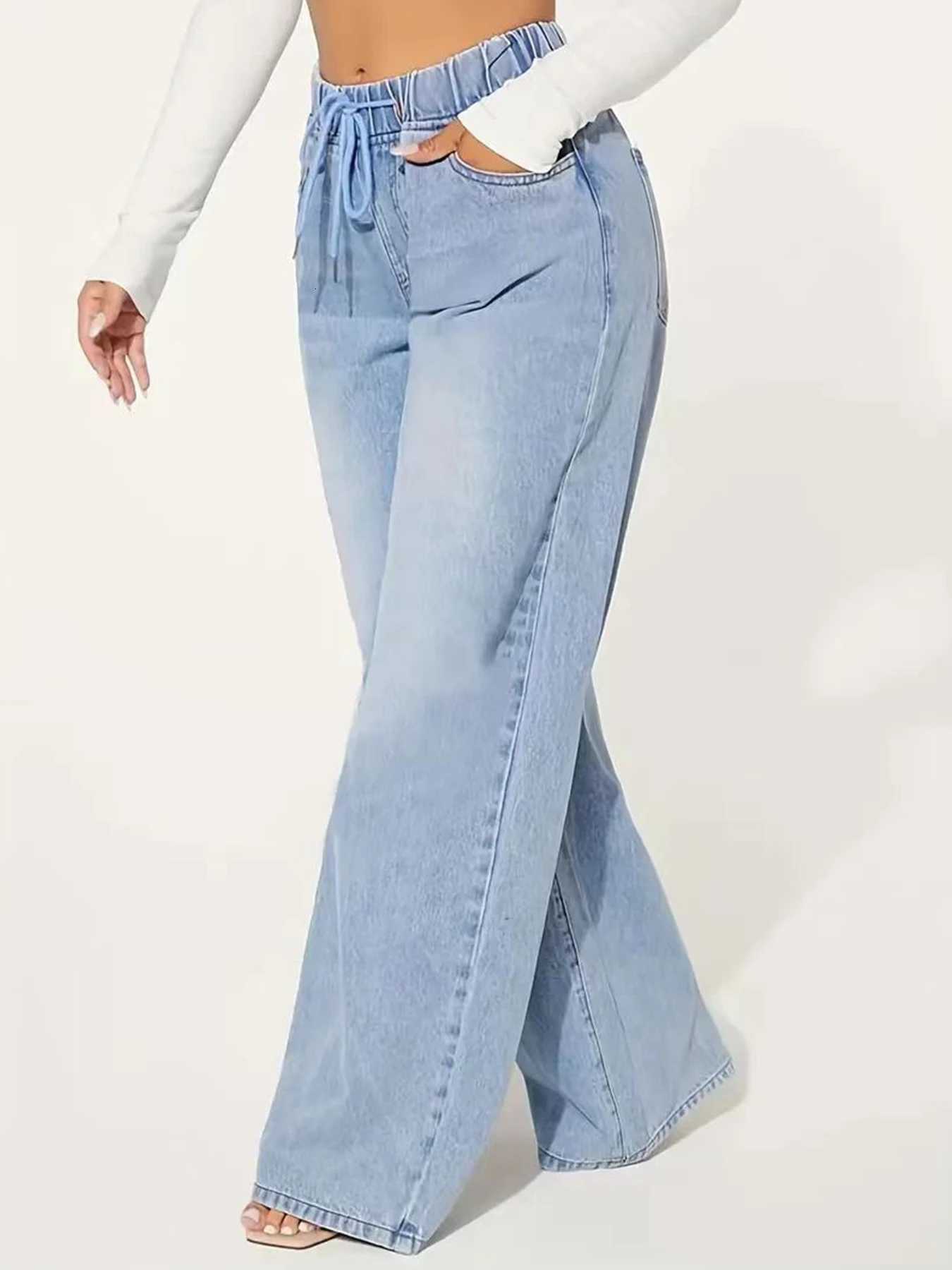 New Womens Fashionable Casual Straight Leg Jeans with Drawstring Washed Denim Versatile Jeans for Daily Use Z250910