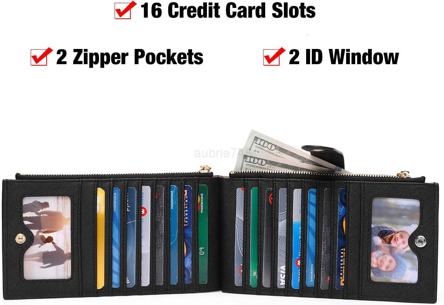 Slim Wallets for Women RFID Blocking Card Holder 2 Zipper Pockets Thin Ladies Clutch Purse BlackZ250910