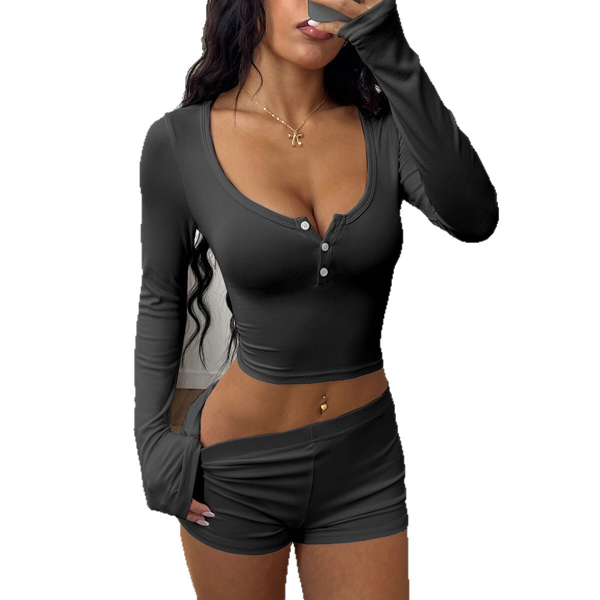 2025 European and American Summer New Style Sporty Hot Girl Style Long Sleeve Button T-shirt design Shorts Designer Women's Two Piece Set Women&#